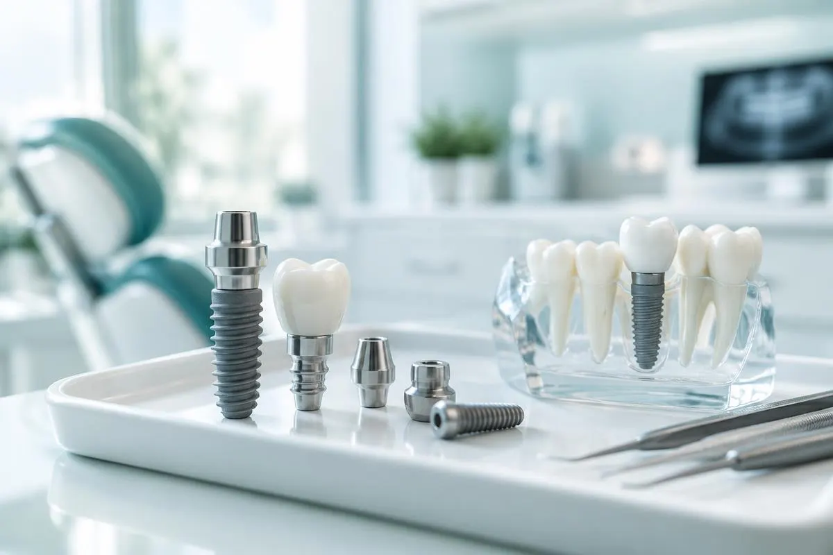 Titanium dental implants, abutments and a tooth model on a tray in a bright clinic